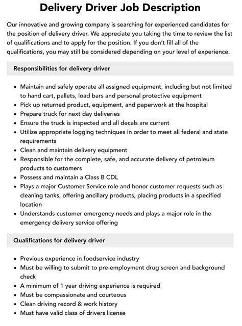 Delivery Driver Job Specification