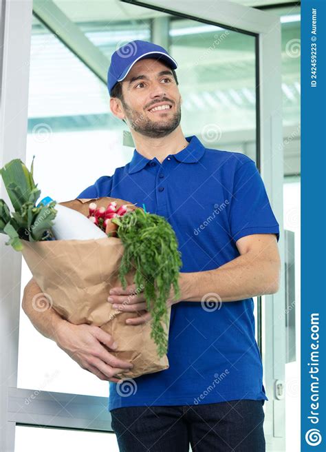 Food Delivery Service Male Worker Holding Grocery Bag Express Food Food Delivery Service Male Worker Holding Grocery Bag Express Food