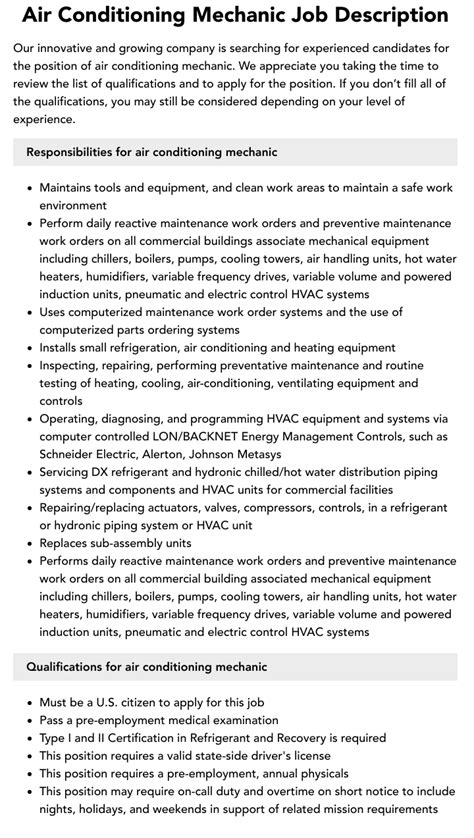 Hvac Mechanic Job Description Velvet Jobs Hvac Mechanic Job Description Velvet Jobs