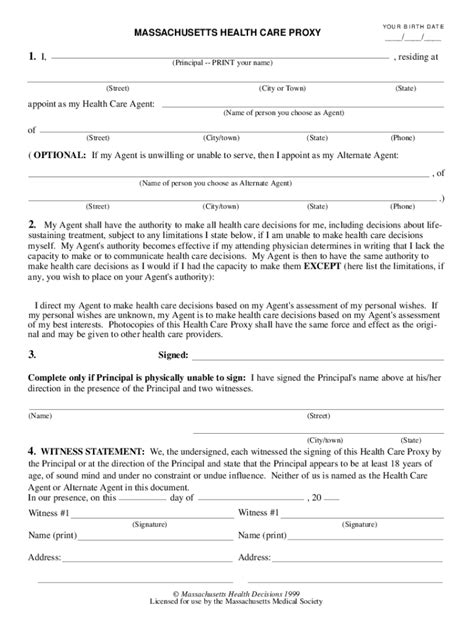 Massachusetts Health Care Proxy Fillable Template 1 Page 1999 Form