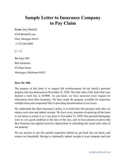 Sample Letter To Insurance Company To Pay Claim Download Printable Pdf Sample Letter To Insurance Company To Pay Claim Download Printable Pdf