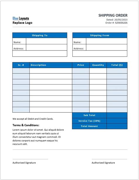 Shipping Order Template Blue Layouts