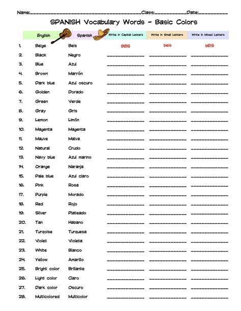 Spanish Basic Colors Vocabulary Word List Column Worksheet Made By Spanish Basic Colors Vocabulary Word List Column Worksheet Made By