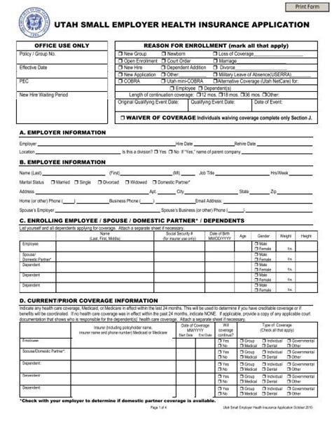 Utah Small Employer Health Insurance Application Utah Small Employer Health Insurance Application